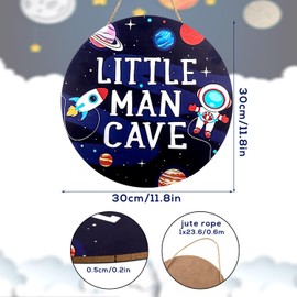 Little Man Cave Sign, Wooden Circle Door Sign Nursery Wall Decor Wooden Sign Space Decor Toddler Room Hanging Decor Baby Boy Nursery Decor for Kids Boy Bedroom Living Room Decorations