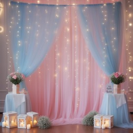 10×10ft Pink Blue Tulle Backdrop Curtain with Lights String for Parties, Sheer Photo Backdrop Curtains for Wedding Party Photography Background