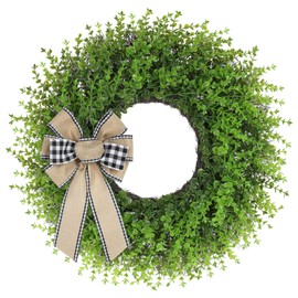 CYANBLOOM Boxwood Wreath for Front Door: 24 Inch Large Faux Wreath with Buffalo Plaid Burlap Bow - Weatherproof Year Round Greenery Hanging Outdoor - House Decor Gifts for Wedding Memorial Events