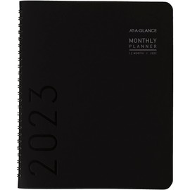 AT-A-GLANCE 2023 Monthly Planner, 7" x 8-3/4", Medium, Monthly Tabs, Pocket, Faux Leather, Contemporary, Black (70120X05)