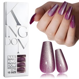 Lifextol 150pc Cat Eye Press on Nails Long Coffin Fake Nails Press ons Long Nail, Purple Acrylic Nail Glue on Coffin Stick Fingernail for Women Artificial False Fingernails with Adhesive Tabs