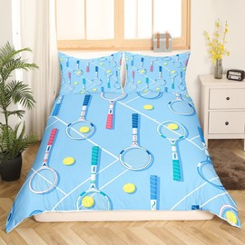 Castle Fairy Tennis Duvet Cover Full,Ball Games Bedding Set 3pcs for Kids Girls Teens Boys Room Decor,Tennis Racket Geometric Lines Comforter Cover Watercolor Blue Quilt Cover with 2 Pillowcases