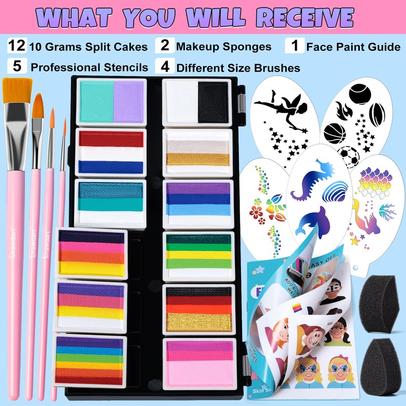 Drawdart Professional Face Painting Kit for Kids Adults, Split Cake