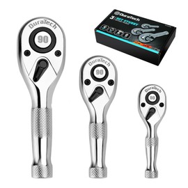 DURATECH 3PCS Stubby Ratchet Wrench Set, 90-Tooth 1/4" 3/8" 1/2" Drive Socket Wrench, Mini Small Ratchet with CR-MO Head, Quick-Release & Reversible Design, Full Polished, EVA Organizer