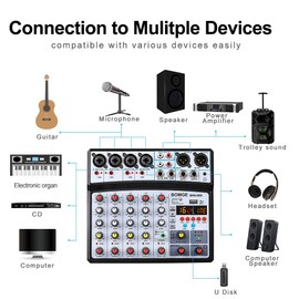 BOMGE 6 Channel Audio Sound Mixer - Professional Digital DJ Mixing Console for Live Streaming, Karaoke and Stereo Recording - With PC Computer Record Playback/Bluetooth/MP3/USB/48V /99DSP