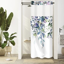 Gibelle Small Stall No Hook Shower Curtain with Snap-in Fabric Liner Set - 36" x 74"(72"), Hotel Style Green Eucalyptus Leaves Shower Curtain with See Through Top Window, Waterproof & Washable