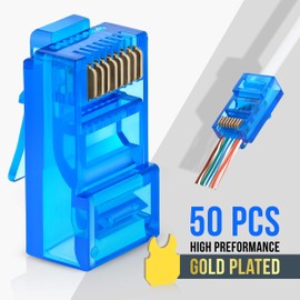 Conectores de paso a través de RJ45 Cat6 Colores surtidos - Paquete de 50 piezas | Enchufe modular Ez para cable Ethernet UTP sólido o trenzado