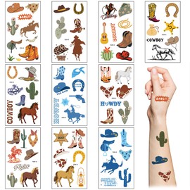Western Cowboy Temporary Tattoos,10 Sheets Wild West Cowboy&Cowgirl Cactus Horse Cow Waterproof Fake Tattoo Stickers for Kids Boys Girls Birthday Gifts Party Favor Supplies