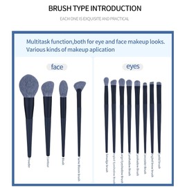 Makeup Brush Set with Soft Synthetic Fibre Wood Holder for Blush, Foundation, Powder, Mix, Eyeshadow (Ash Blue Makeup Brush Set 12 Pieces + 2 Pieces Sponge Puff)