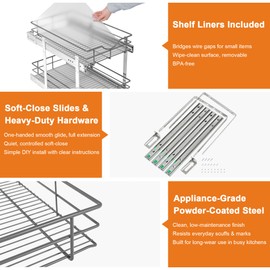 ALINE FURNITURE 2-Tier Pull Out Cabinet Organizer - 11" W x 22" D Soft Close Sliding Shelves with Shelf Liners - Pullout Drawers for Kitchen Cabinets, Pantry, Bathroom, Heavy Duty Steel Wire Baskets