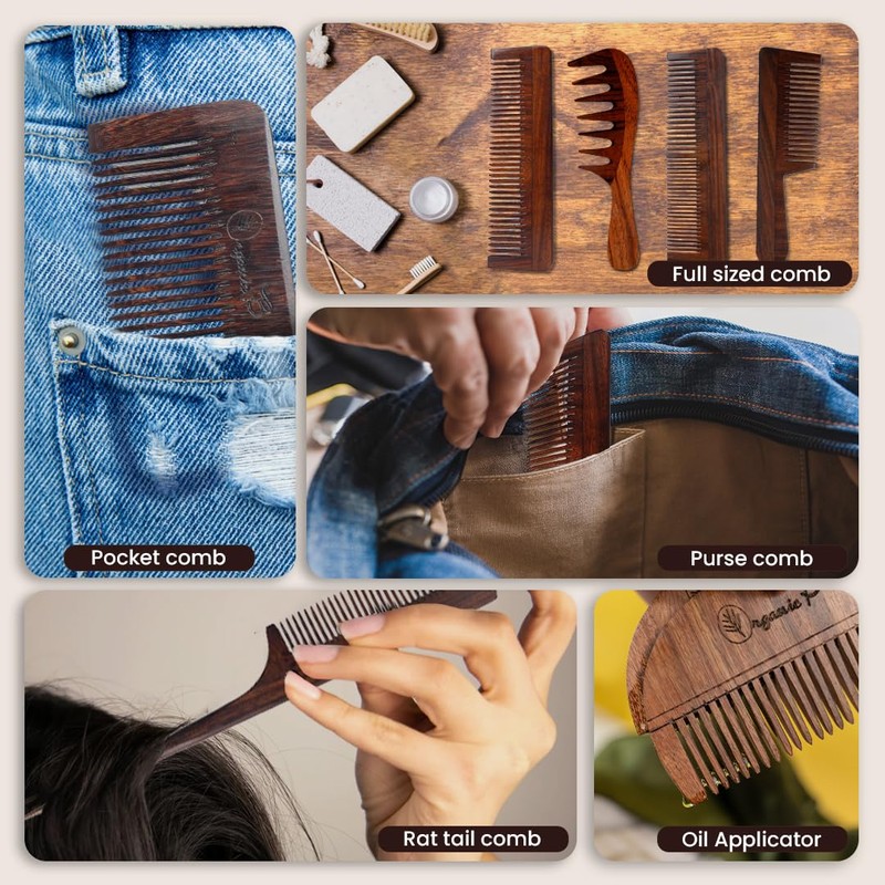 Indian Rosewood Wide Tooth Hair Comb with Curved Handle –