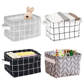 4 Pack Storage Baskets, Collapsible Mini Storage Boxes, Canvas Square Baskets Fabric Storage Bins, Waterproof Cotton & Linen for Desk Storage & Household Organizer Toys Bathroom Playroom (Style C Set)