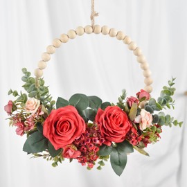 Christmas Wood Bead Red Rose Wreath Boho Farmhouse Decor Artificial Flower Eucalyptus Wreath for Front Door Windows Wall Hanging Room Decor 12" (Red)