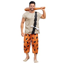 Arvilhill 3 Pcs Man Bam Funny Costume Adult Caveman Cartoon Characters Cosplay Outfit for Theme Party Classic Shirt Orange Jagged Hem Pants L