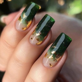 MERVF Long Square Press on Nails Deep Green Ombre French Tip Fake Nails Gold Design Glue ons Squoval Acrylic Nail Luxury Manicure Supplies Art DIY Glossy 24pcs