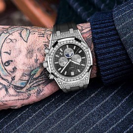 Automatic Watches for Men, Skeleton Watches for Men Analog Tourbillon Watch Starry Sky Dial 12-Hour Small Dial Moon Phase Mechanical Watch Blue Leather Strap… (6533-Silver Shell with Drill)