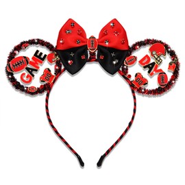 PHALIN Game Day Headband Outfits Accessories for Women Girls Red Black Football Bow Mouse Ear Headband Football Hair Accessories Sport Team Party Favors Gifts (Red Black 2)