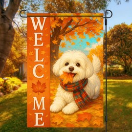 BlissYard Thanksgiving Fall Garden Flag 12x18 Inch Welcome Bichon Frise Dog Outdoor Flag Double Sided Autumn Puppy Yard Banner with Plaid Scarf and Leaves Decor for Porch Lawn Patio