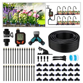 Drip Irrigation Kit - 100 FT. Hose Sprinkler System with 360° nozzles and T-connectors for Gardens, lawns, Plants, Flower beds, Trees, patios and hydroponics (Closeable nozzle-28)