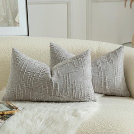 MANDIOO Pack of 2 Soft Chenille Textured Throw Pillow Covers Lumbar Accent Solid Decorative Cushion Cover Cozy Farmhouse Pillow Case for Couch Sofa Bed Living Room 12x20 Inch Light Gray