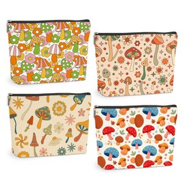 4 Pcs Retro Mushroom Stuff Makeup Bag, Hippie Stuff Cosmetic Bag Mushroom Gifts for Women Sister Bestie Mom Friend Thanksgiving Christmas Birthday Friendship Gifts Travel Toiletry Bag Accessories