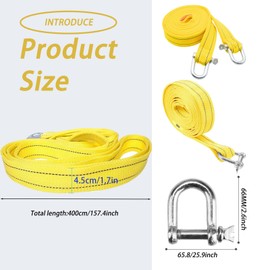 Tow Rope, Tow Rope for Cars, 4 Metres, 5 Tonnes (11000 Lbs), Tow Rope Car, with 2 Safety U-Ring Hooks and Storage Bag, for All Cars & SUVs, Rope for Recovery Tow