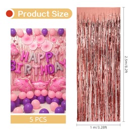 Ohiyoo Pack of 5 Rose Gold Metallic Tinsel Curtains, 1 x 2.5 m Foil Fringe Tinsel Curtain Background for Birthday, Party Decoration, Engagement, Wedding, Christmas, New Year Decoration (Rose Gold)