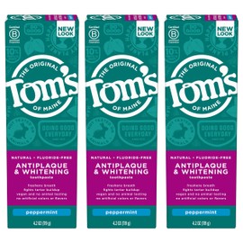 Tom's of Maine Fluoride-Free Antiplaque & Whitening Natural Toothpaste, Peppermint, 4.2 oz. 3-Pack (Packaging May Vary)