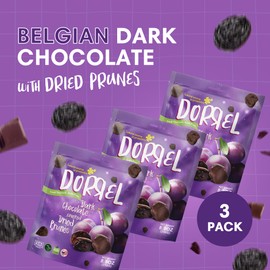DORREL - Belgian Dark Chocolate Covered Dried Prunes, High Energy Vegan Choco Snack, Delicious, Kosher & Non-GMO, Pack of 3 Dark Chocolate Fruit Bites, 8.8 oz / 250 g Ea