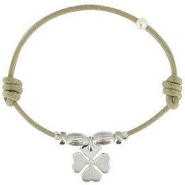 Les Poulettes – Bracelet Lucky 4 Leaves Clover – Sterling Silver on Waxed Cord – Beige Color