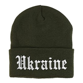 Trendy Apparel Shop Ukraine Old English Embroidered Long Cuff Beanie - Olive