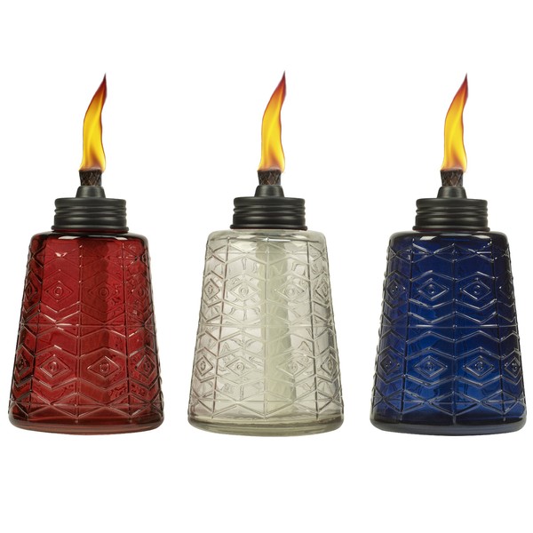 TIKI Brand Molded Glass, Decorative Table Top Torch for Outdoor Lawn, Patio, and Garden White & Blue (Set of 3), 6 in, 1117213, 6", Red, White and Blue