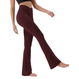 ODODOS Cloud Feeling Crossover High Waist Flared Pants for Women, 30" Bootcut Yoga Pants with Back Pocket, Burgundy, Large