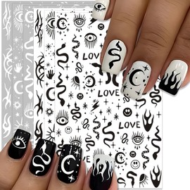 IDDFEVE Gothic Nail Art Stickers - Black & White Moon Star Snake Fire Self-Adhesive 3D Nail Decals for DIY Halloween Punk Manicure (6 Sheets)