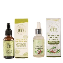 ORE Aceites Orgánicos, Set de 2 Frascos de 30 ml, Orégano y Coco + Orégano