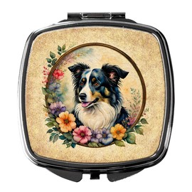 Caroline's Treasures Border Collie and Flowers Compact Mirror Decorative Travel Makeup Mirror for Women Girls Gifts Pocket Makeup Mirror Folding Handheld