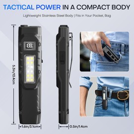 EDC Tactical Flashlight,1500 Lumen USB-C Rechargeable flashlights,Dual-Switches LED Small Flashlight with Digital Display,Stainless Steel 8 Modes Pocket Flash light for Home, Camping,and Emergency Use