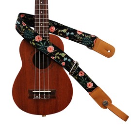 [MUSIC FIRST] Original Design "Garden in Dark Night" Soft Cotton & Genuine Leather Ukulele Strap Ukulele Shoulder Strap with 1 Brand Strap Locker
