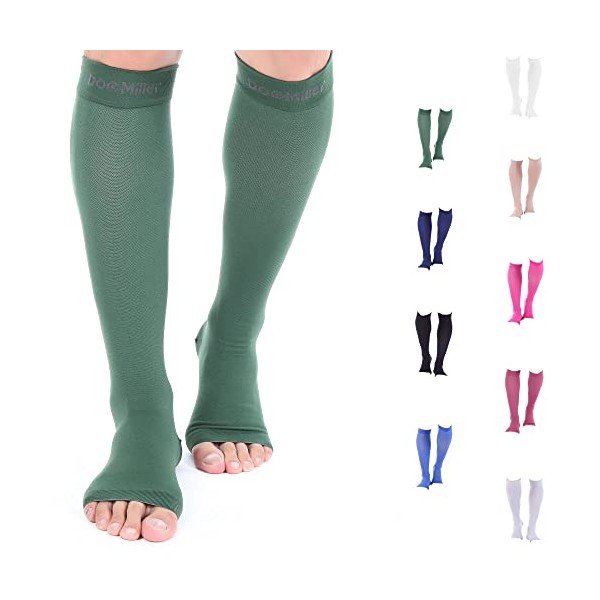 Doc Miller Open Toe Compression Socks Women and Men, Toeless Compression Socks Women, Support Circulation Shin Splints and Calf Recovery, Varicose Veins, 1 Pair Dark Green Knee High, X-Large, 20-30mmHg