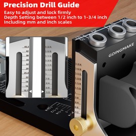 GOINGMAKE All Metal Pocket Hole Jig Kit with Quick Clamp and Dust Collection Easy Use 3 Holes Pocket Hole Screw Jig System 3/8 Inch Accurate Adjustable Drill Guide with Accessories Woodworking Tool