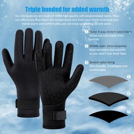 NARUTOO 3mm Neoprene Diving Gloves, Anti-Slip Warm Neoprene Swimming Gloves, Thermal Wetsuit Glove with Adjustable Waist Strap for Snorkelling, Swim, Scuba Diving, Paddling, Kayaking (Black, Small)