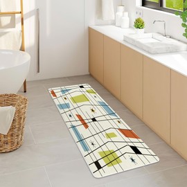 DYNH Mid Century Kitchen Rug Bath Rug, Aesthetic Abstract Geometric Mid Century Bath Mat Rug, Teal Blue Retro Grid Starbursts 1950S 1960S Modern Minimalist Floor Rug mat for Kitchen/Bathroom,19X31IN