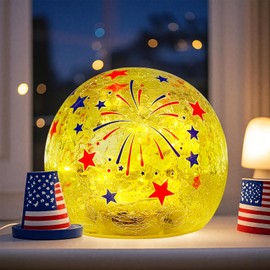 Slugeren 4th of July Decorations, 4" Patriotic Crackle Glass Ball Light with Timer, Independence Day Red White Blue LED Table Centerpiece Decor Lighted Decorative Ball Lamp for Party Gift