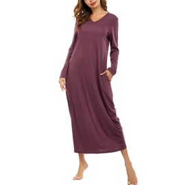 Sykooria Women's Long Cotton Striped Nightdress Dressing Gown Nursing Nightdress Sleepwear with Pockets S-XXL, A-Red