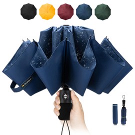 Chakipee Travel Windproof Strong Compact Umbrella - 10 Ribs Blue Portable Umbrella for Men and Women - Inverted Folding Automatic Umbrellas for Wind and Rain, 210T Fabric 105cm Span