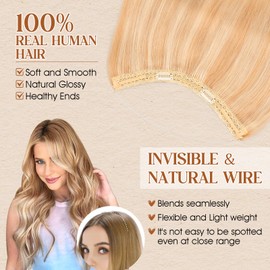 Benehair Real Human Hair Wire Extensions for Women One Piece Straight Adjustable #18P613 Ash Blonde Mix Bleach Blonde Invisible Wire Clip in Hair Extensions 18 Inches (65g)