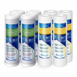 4 Standard Coconut Shell Block Carbon & 4 Four Layers of Filtration Polypropylene Sediment 5 Micron 2.5"x 10" Water Filter Cartridges Universal replacement for Reverse Osmosis & Standard 10” Housing