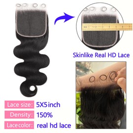 14 Inch 5x5 HD Lace Closure Skin-Like Real HD Lace Frontal Only Body Wave 0.1mm Thin HD Lace Closure Human Hair Pre Plucked Super Natural Hairline