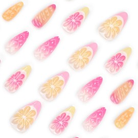 Fruit Press on Nails Short Almond Stick on Nails with Yellow Pink French Tips Design 3D Pink Lemon False Nails Orange Strawberry Fake Nails Glossy Summer Glue on Nails for Women Girls Manicure 24Pcs