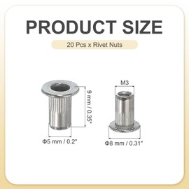 PATIKIL M3 Rivet Nuts, 20 Pcs 304 Stainless Steel Knurled Flat Head Threaded Insert Nuts Metric Rivet Nut Assortment Kit for Automotive Furniture